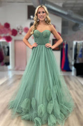 Strapless A-Line Tulle Long Prom Dresses