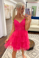 Fuchsia Spaghetti Straps A-Line Tulle Tiered Homecoming Dress with Appliques