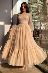 Bmbridal Long Sleeves Champagne Prom Dress Tulle Skirt