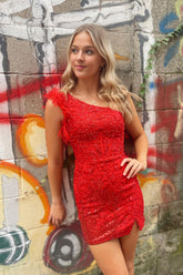 Red One Shoulder Sequins Bodycon Corset Homecoming Dress with Feather