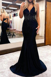 Mermaid Spaghetti Straps Beaded Satin Prom Dress