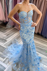Gorgeous Mermaid Sweetheart Blue Corset Prom Dress with Embroidery
