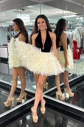 Ivory Tulle A-Line Halter Neck Homecoming Dress with Bow