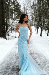 Mermaid Spaghetti Straps Blue Long Prom Dress with Backless