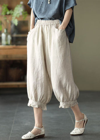 Beige Pockets Patchwork Linen Crop Pants Elastic Waist Summer Beige Pockets Patchwork Linen Crop Pants Elastic Waist Summer