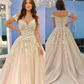 BMbridal Off-the-Shoulder Princess Wedding Dress Champagne With Lace Appliques