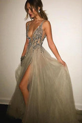 Grey Deep V-neck Backless Split Beaded Prom Dress with Sweep Train
