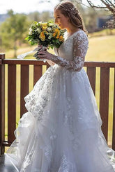 Bmbridal Long Sleeves V-Neck Wedding Dress Ruffles With Lace Appliques