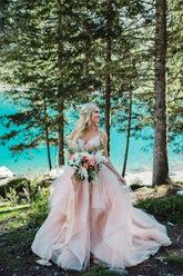 Bmbridal Pink Spaghetti-Straps Wedding Dress Tulle Backless Long