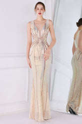 Apricot Golden Deep V Neck Prom Dress