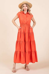 Orange Button Up Collared Tiered Maxi Shirt Resort Dress