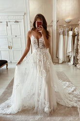Bmbridal Lace Wedding Dress Overskirt Tulle Bridal Gowns Spaghetti-Straps