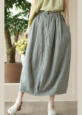 Boutique Grey Green Plaid Elastic Waist Linen Maxi Skirt Summer Boutique Grey Green Plaid Elastic Waist Linen Maxi Skirt Summer