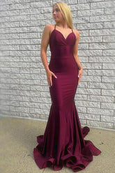 Mermaid Spaghetti Straps Burgundy Long Prom Dress with Criss Cross Back