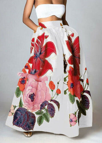 Bohemian Yellow High Waist Pockets Floral Print Cotton A Line Skirt Summer Bohemian Yellow High Waist Pockets Floral Print Cotton A Line Skirt Summer