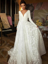 Glamorous Long Sleeve V-Neck Wedding Dress With Lace Appliques