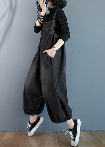 Black Wear On Both Sides Denim Jumpsuit Oversized Pockets Summer Black Wear On Both Sides Denim Jumpsuit Oversized Pockets Summer