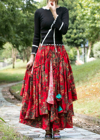 Bohemian Red Cinched Print Patchwork Exra Large Hem Cotton Skirts Fall Bohemian Red Cinched Print Patchwork Exra Large Hem Cotton Skirts Fall