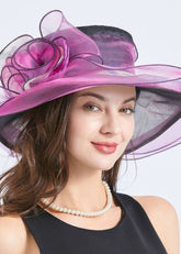 Handmade Purple Floral Decorated Ruffles Tulle Floppy Sun Hat