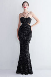 Mermaid Halter Black Sequins Long Prom Dress with Keyhole