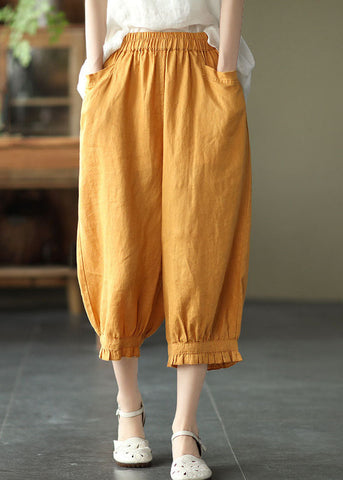 Boho Yellow Pockets Ruffled Patchwork Linen Crop Pants Summer Boho Yellow Pockets Ruffled Patchwork Linen Crop Pants Summer