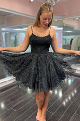 Glitter Black Spaghetti Straps A-Line Tulle Homecoming Dress with Appliques