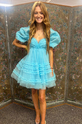 Blue Puff Sleeves A-Line Tulle Short Homecoming Dress