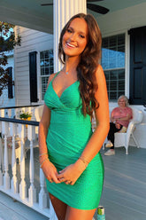 Glitter Green Spaghetti Straps Bodycon Homecoming Dress with Beading