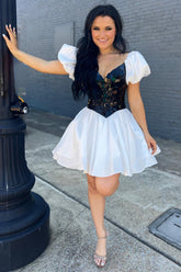 White and Black V-neck Puff Sleeves A-Line Short Homecoming Dress