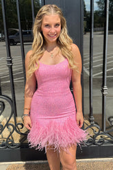 Pink Spaghetti Straps Sequins Bodycon Short Homecoming Dress with Feather