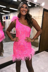 Sparkly Hot Pink One Shoulder Bodycon Homecoming Dress with Feather
