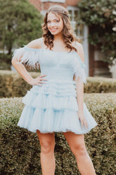 Blue Cold Shoulder A-Line Tulle Tiered Short Homecoming Dress with Feather