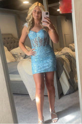 Blue Spaghetti Straps Sequins Bodycon Corset Short Homecoming Dress with Feather