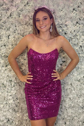 Sparkly Fuchsia Strapless Sequins Bodycon Homecoming Dress