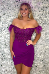 Purple Off the Shoulder Bodycon Homecoming Dress with Feather