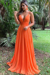 A-line V-Neck Pleated Long Chiffon Prom Dress
