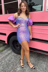 Trendy Bodycon Sweetheart Purple Sequins Short Homecoming Dress with Short Sleeves
