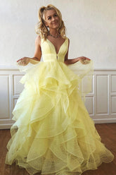 A-line V Neck Cascading Ruffles Long Prom Dress