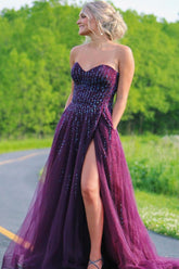 Sweetheart A-line Plum Tulle Prom Dress with Slit