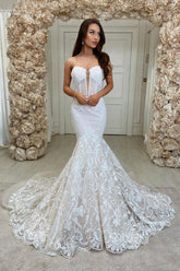 BMbridal Spaghetti-Straps Lace Wedding Dress Mermaid Sleeveless