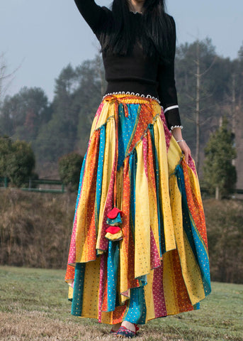 Boho Colorblock Striped Asymmetrical Design Patchwork Cotton Skirts Fall Boho Colorblock Striped Asymmetrical Design Patchwork Cotton Skirts Fall