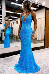 Mermaid Spagheeti Straps Blue Long Prom Dress with Appliques