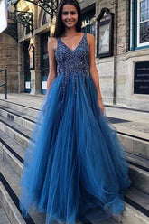 A-line V-neck Tulle Backless Prom Dress With Sequins Appliques