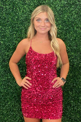 Unique Sheath Spaghetti Straps Fuchsia Sequins Short Homecoming Dress