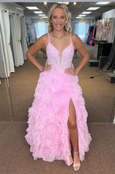 Plunging V Ruffles Floral Long Prom Dress with Slit