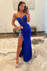 Off the Shoulder Beaded Long Prom Dresses with Appliques