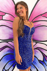 Sparkly Sheath Spaghetti Straps Royal Blue Short Homecoming Dress with Beading