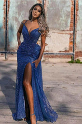 Bmbridal Off-the-Shoulder Royal Blue Evening Dress Mermaid Sequins With Slit