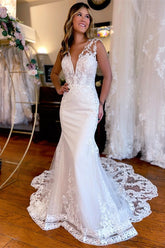 Bmbridal V-Neck White Wedding Dress Mermaid With Lace Appliques