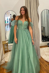 Sea Glass Tulle A-line V Neckline Off-Shoulder Long Prom Dress